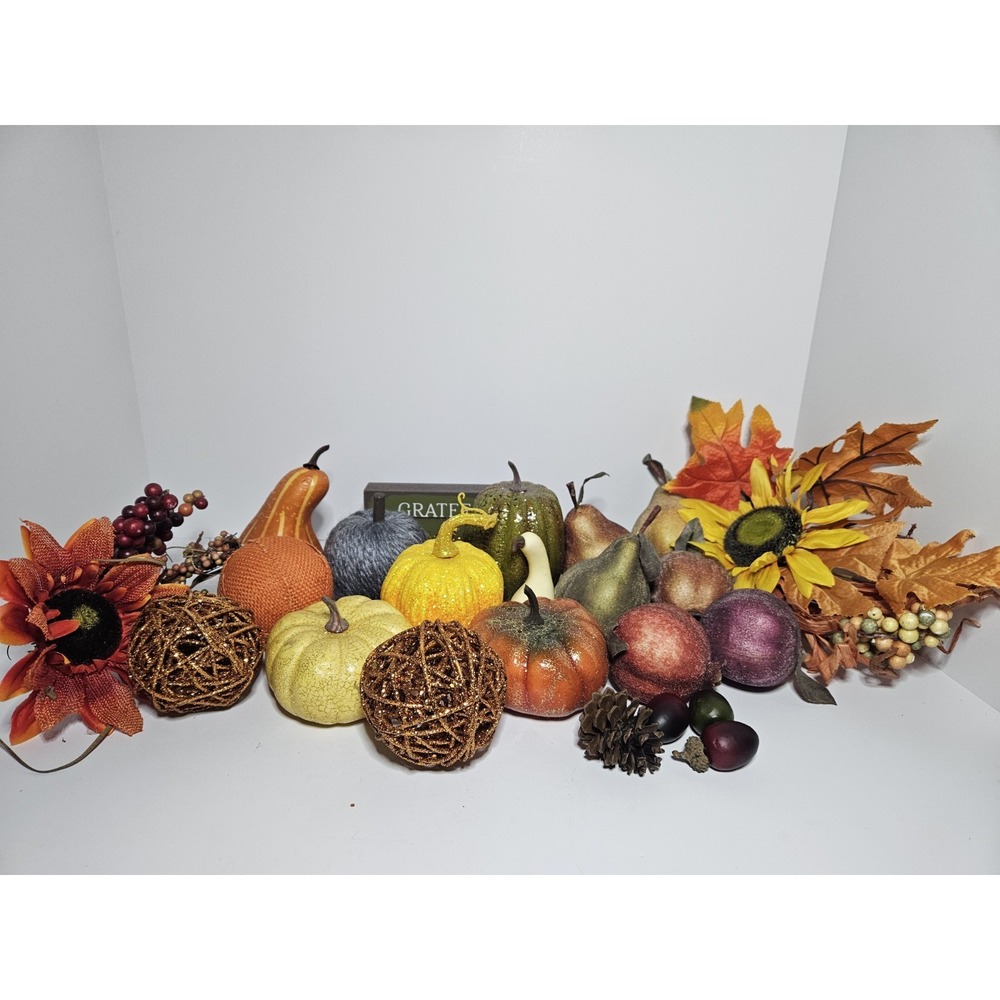 Huge Fall Decor Lot Faux Pumpkins Sunflower Fruit Grateful Sign Gourd Pinecone